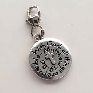 Vintage Silver Tone Matthew 19:26 Religious Christian Mini Bracelet Charm